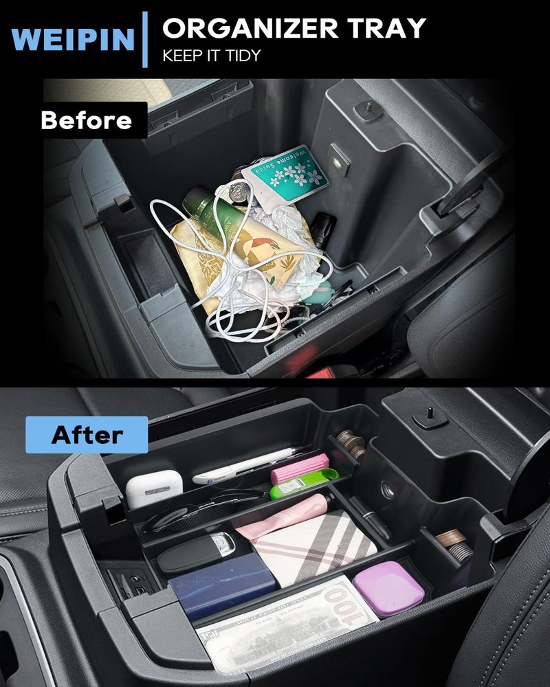 WEIPIN Silverado Sierra Center Console Organizer - Compatible with 2019-2022 Chevy Silverado/GMC Sierra 1500 and 2020-2023 Silverado/Sierra 2500HD 3500HD Armrest - (Full Console w/Bucket Seats ONLY) - Black - Image 3